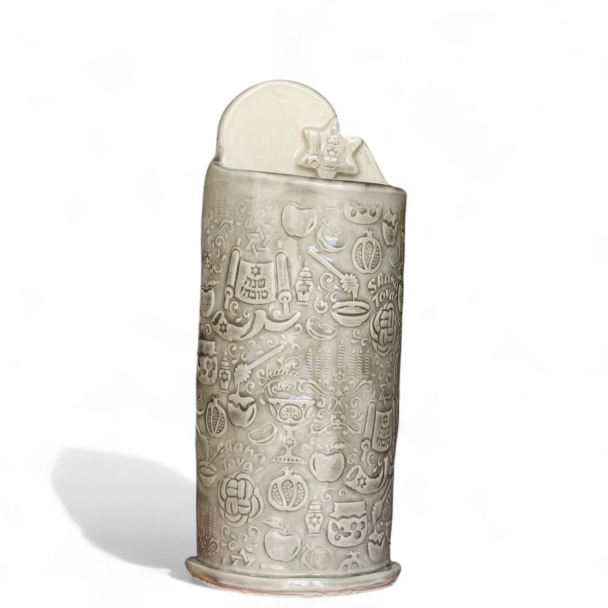 Front view of a Shana Tova stoneware vase with Rosh Hashanah motifs and a raised back topped with a Star of David.